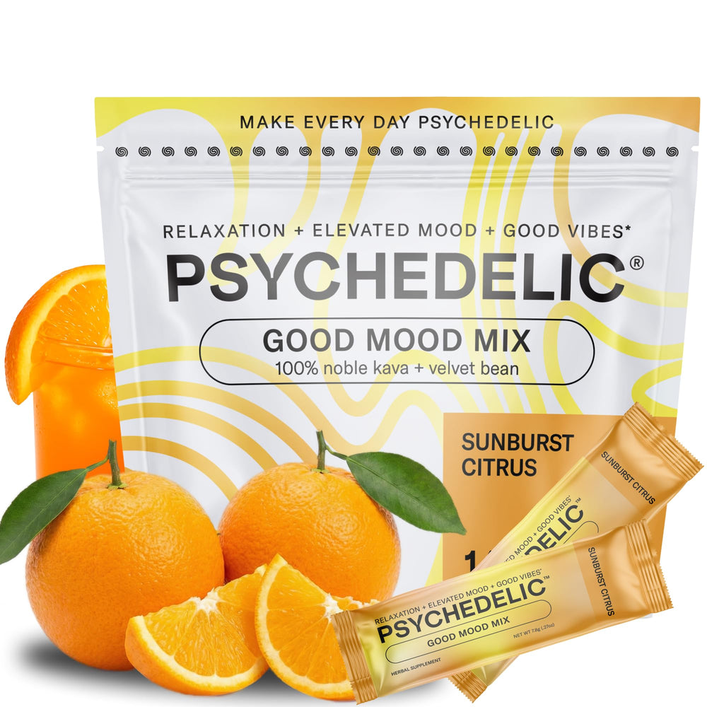 Psychedelic Water calming kava drink mix packaging for easy serving and relaxation.