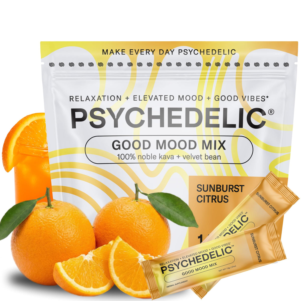 Psychedelic Water calming kava drink mix packaging for easy serving and relaxation.