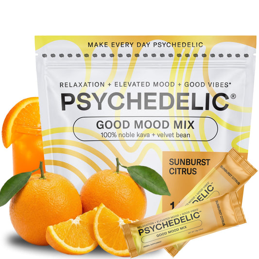 Psychedelic Water calming kava drink mix packaging for easy serving and relaxation.