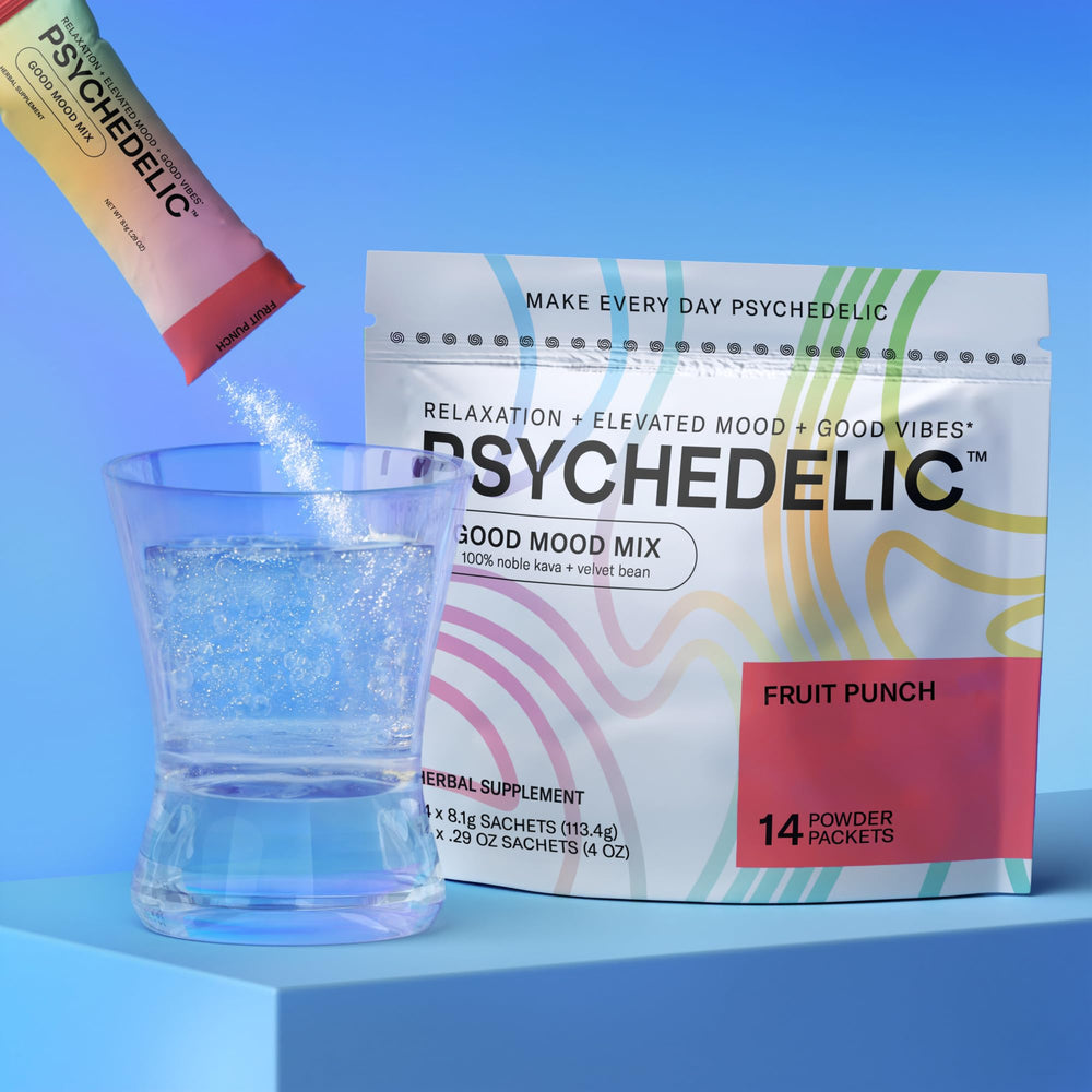 Psychedelic Water Good Mood Fruit Punch label emphasizes natural ingredients and quick customization.