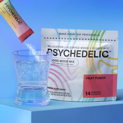 Psychedelic Water Good Mood Fruit Punch label emphasizes natural ingredients and quick customization.