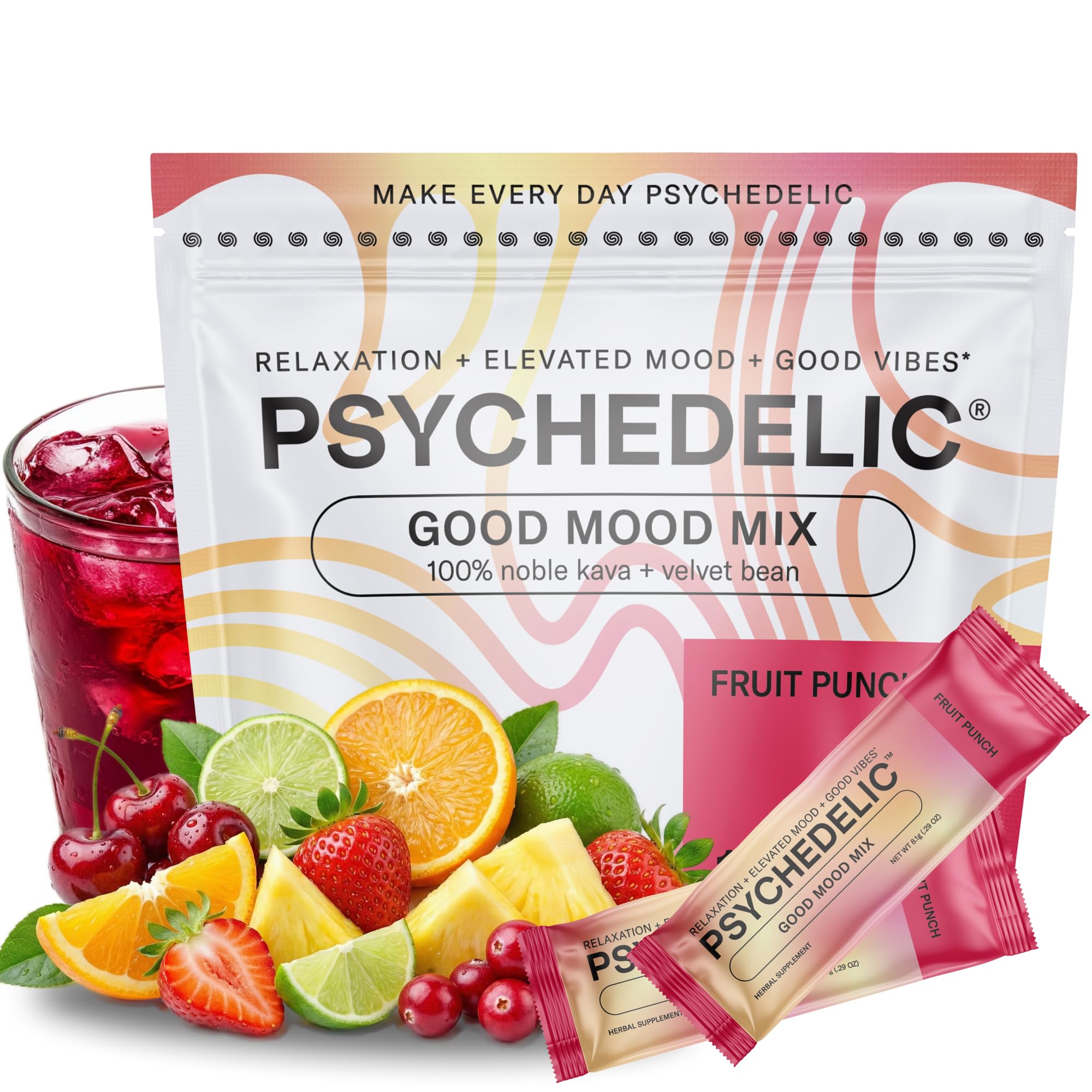 Psychedelic Water Good Mood Fruit Punch packets for easy on-the-go kava enjoyment.
