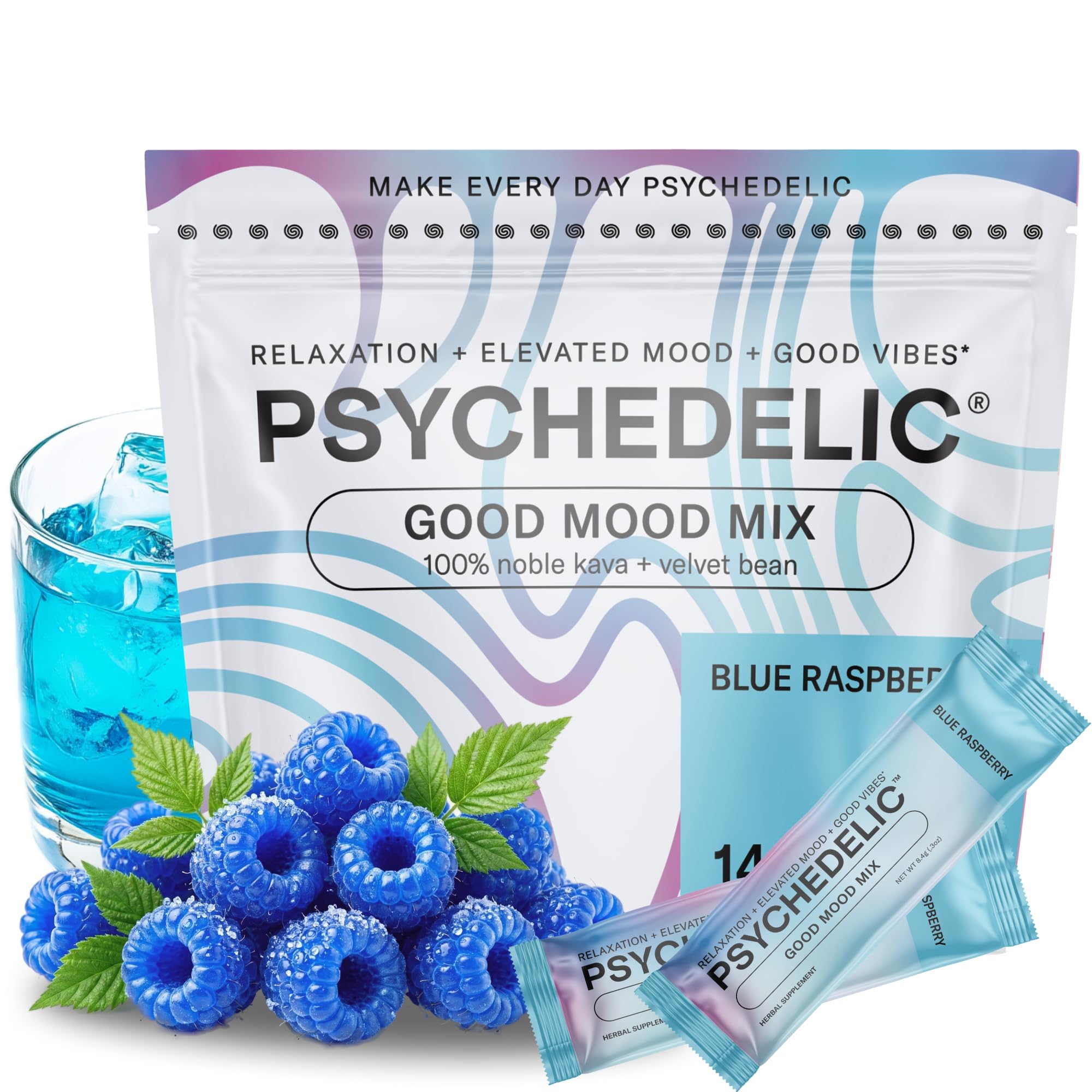 Psychedelic Water blue raspberry kava packet for calming, caffeine-free unwind