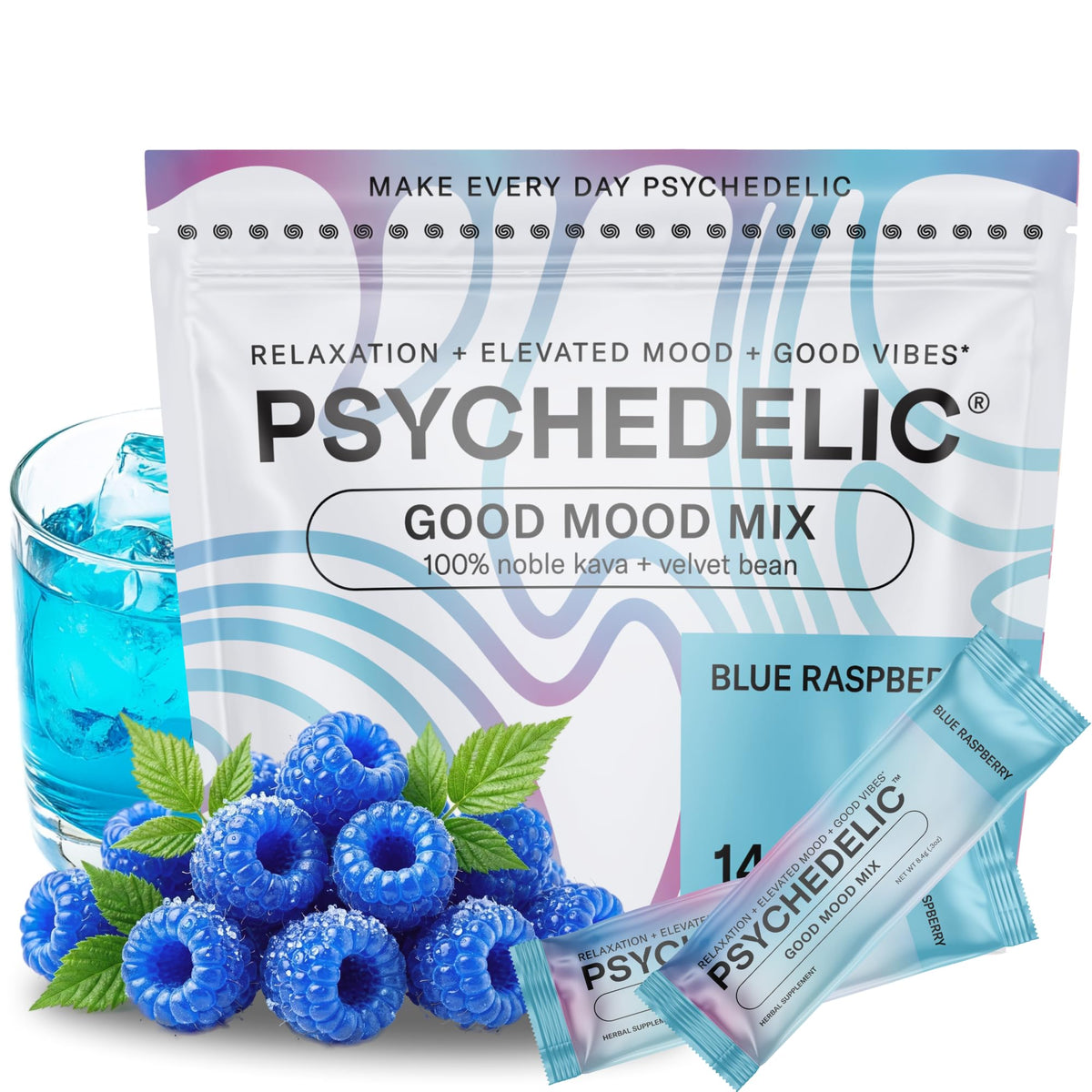Psychedelic Water blue raspberry kava packet for calming, caffeine-free unwind