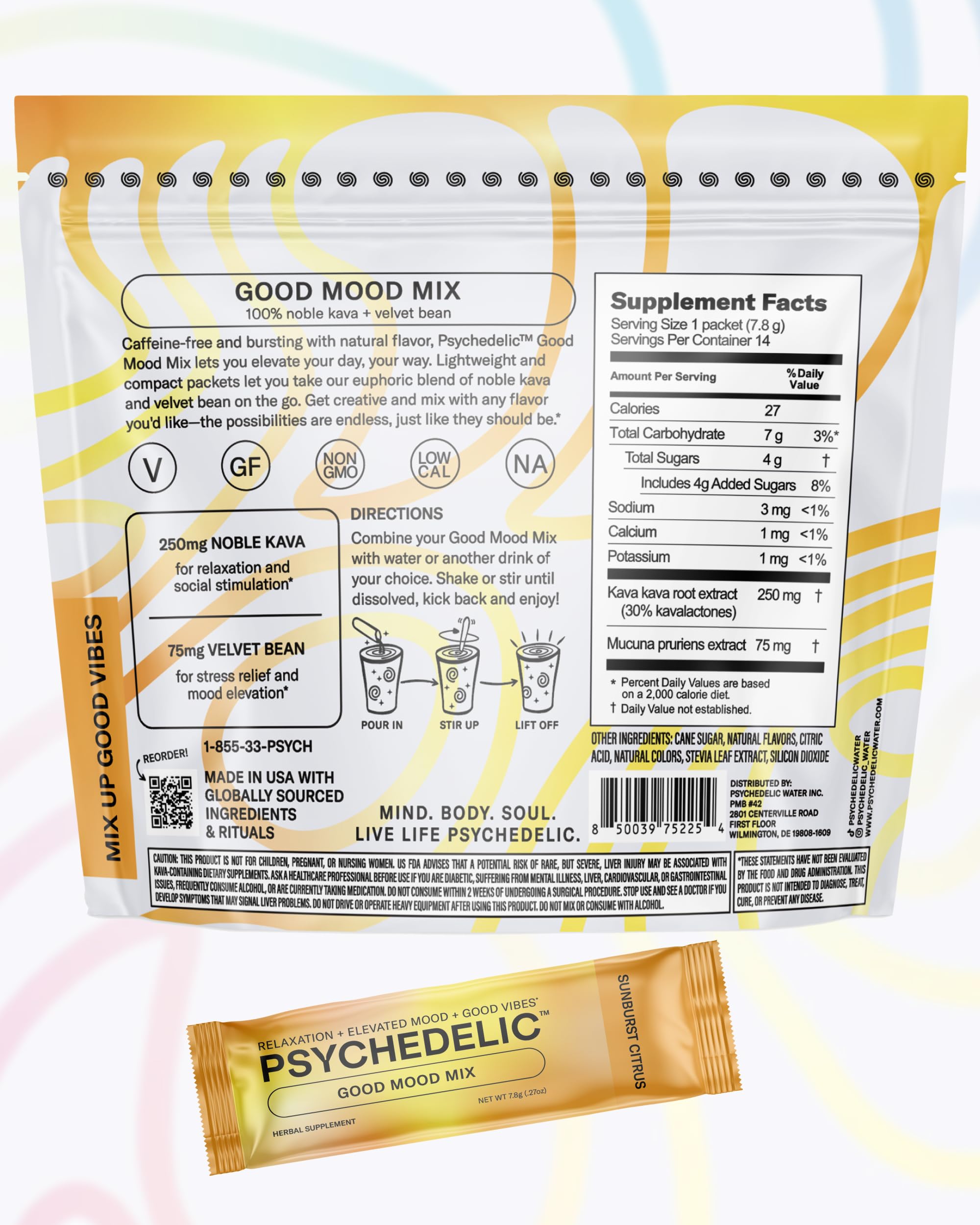 Psychedelic Water stevia packet highlighting low-calorie flavoring.