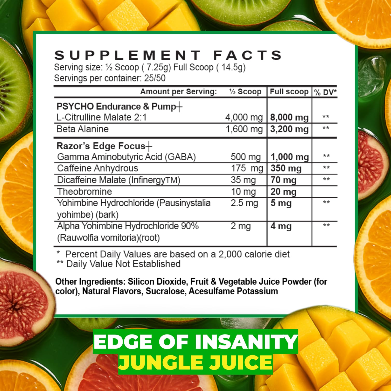 Psycho Pharma Edge of Insanity bottle closeup highlighting caffeine and Yohimbine blend.