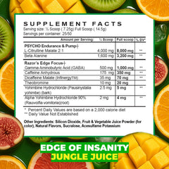 Psycho Pharma Edge of Insanity bottle closeup highlighting caffeine and Yohimbine blend.