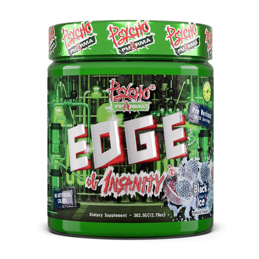 Psycho Pharma Edge of Insanity bottle shows intense pumps for tough workouts