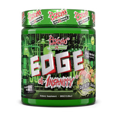 Psycho Pharma Edge of Insanity front label, high-stim formula for seasoned athletes seeking intense workouts.