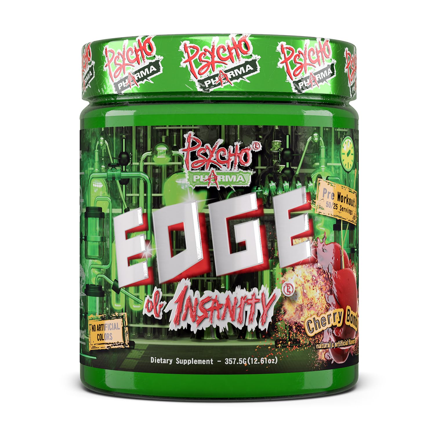 Psycho Pharma Edge of Insanity label and bottle showcasing high-stim preworkout branding