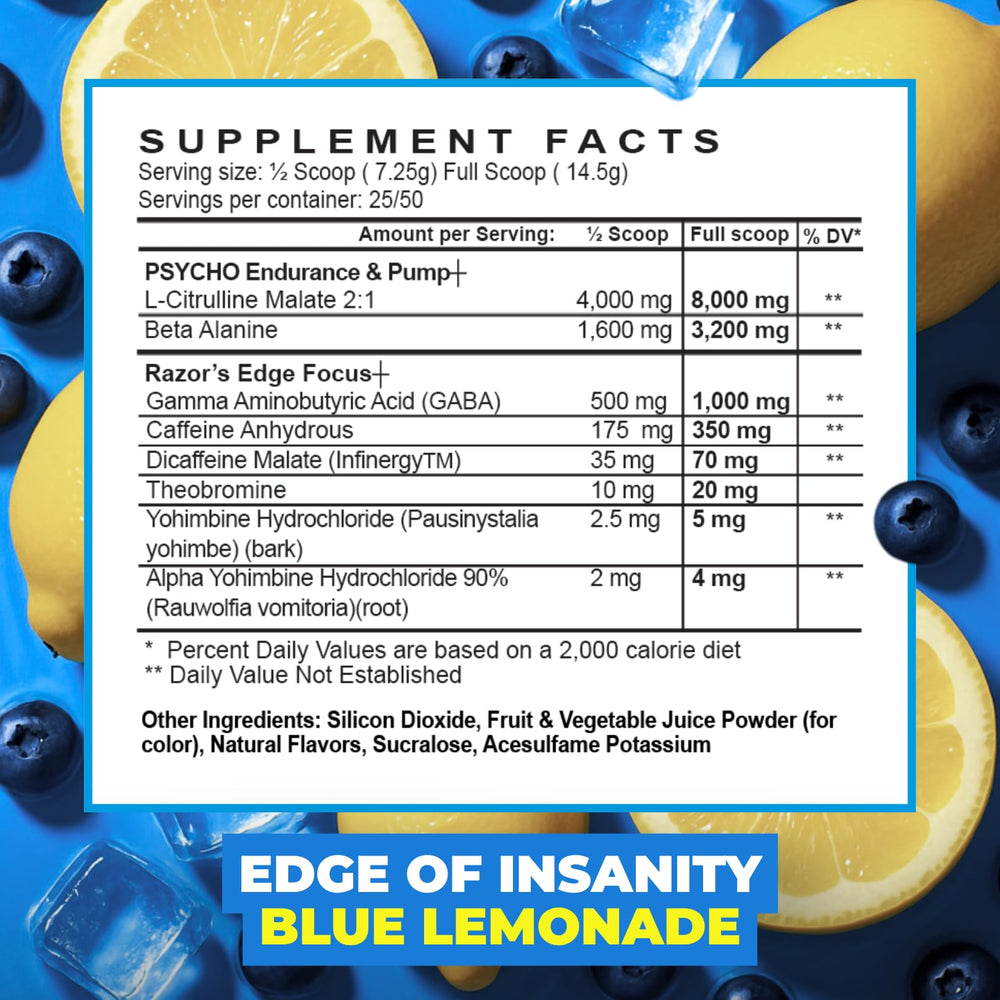 Close-up of Edge of Insanity label highlighting caffeine content for fast-acting focus