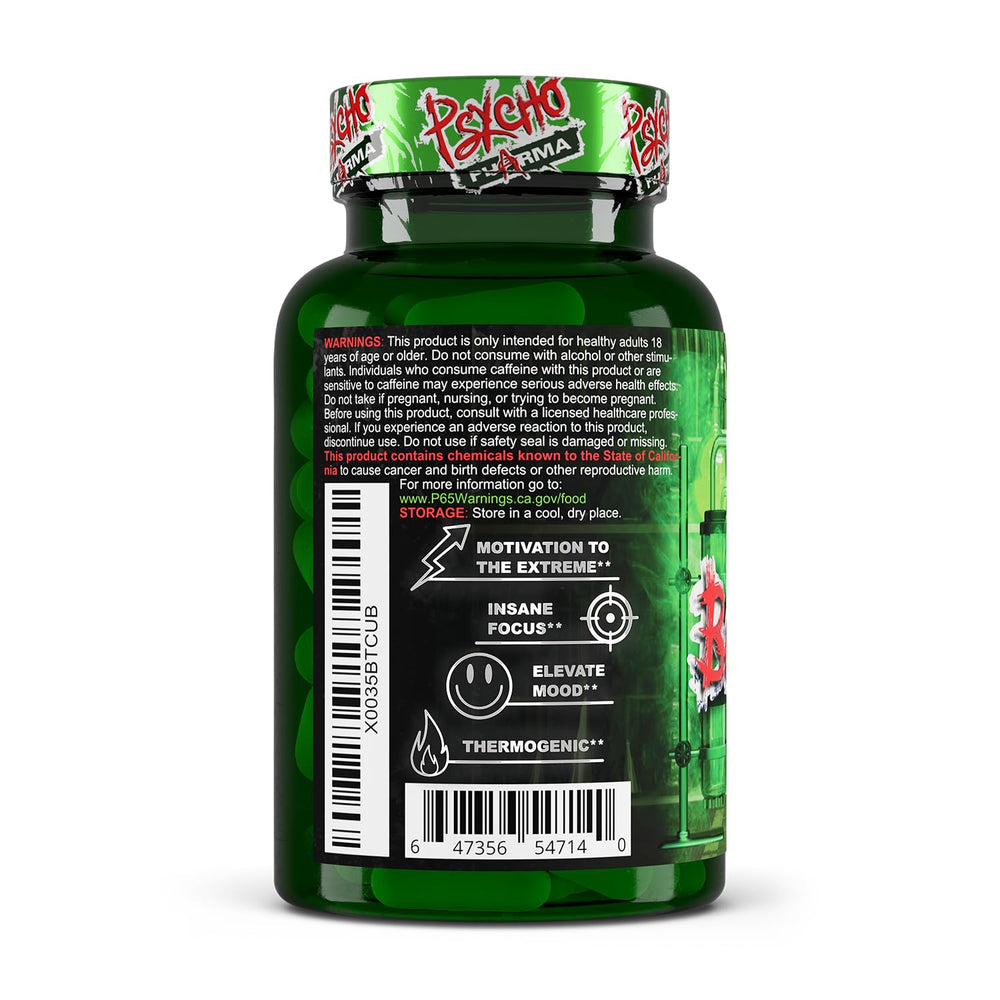 Close-up of the Psycho Pharma Far Beyond Driven label highlights energy-focused design.