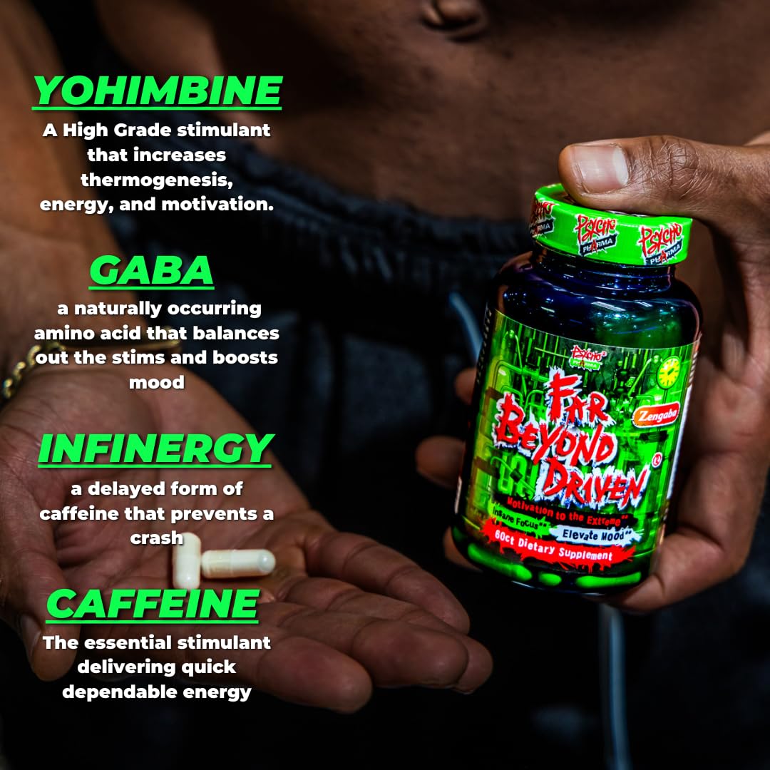 Front packaging view of Psycho Pharma Far Beyond Driven product line.