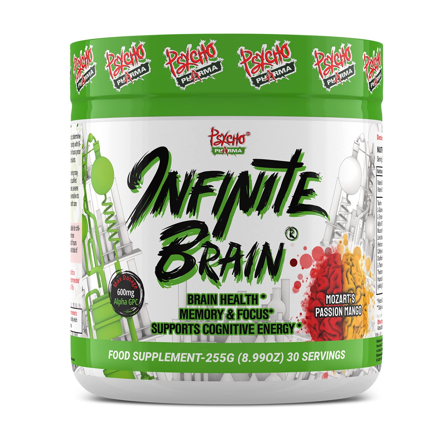 Psycho Pharma Infinite Brain bottle with Mozart's Passion Mango for focused study.