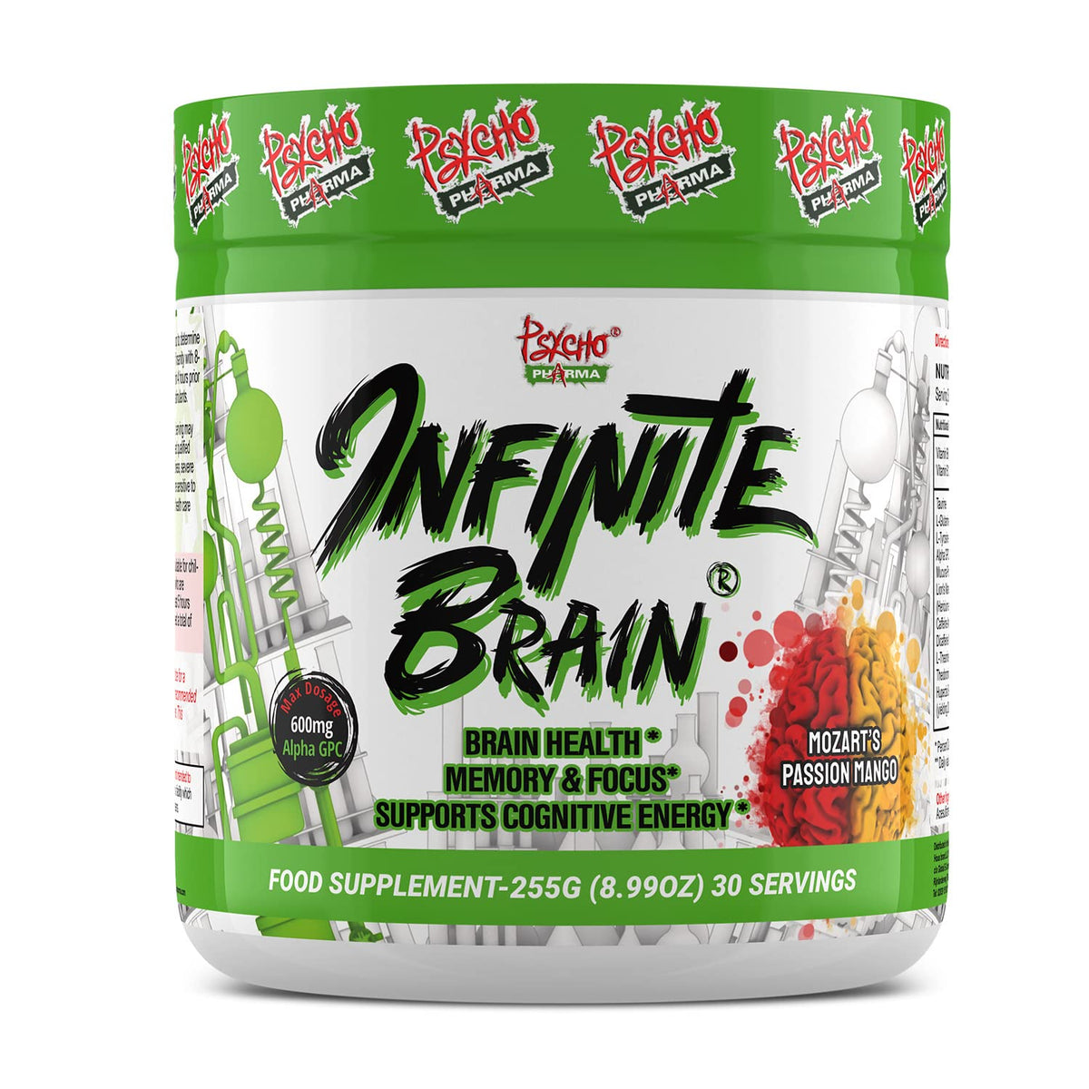 Psycho Pharma Infinite Brain bottle with Mozart's Passion Mango for focused study.