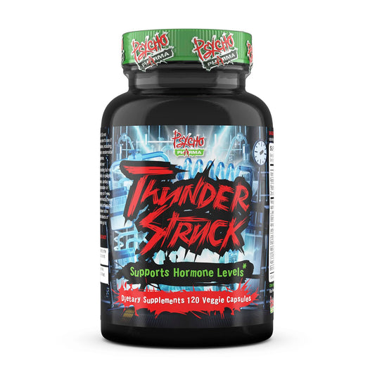 Psycho Pharma Thunderstruck bottle label signaling lean muscle support for workouts
