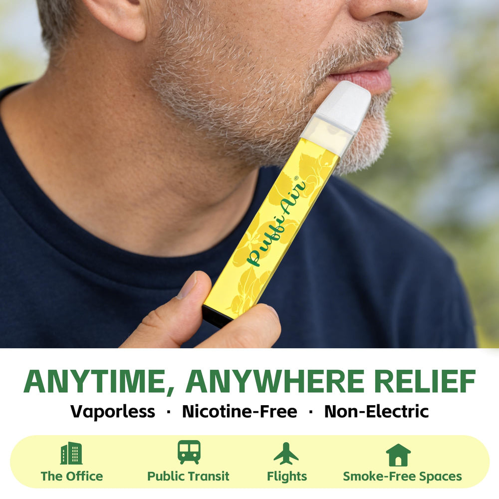 PUFFIAIR inhalers demonstrating hand-to-mouth ritual without smoke for daily use.