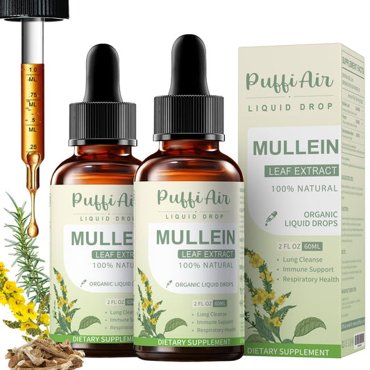 PUFFIAIR Mullein Drops bottle close-up for daily respiratory comfort