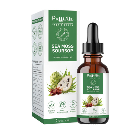 PUFFIAIR Soursop Sea Moss bottle shows immune-support potential with natural flavor