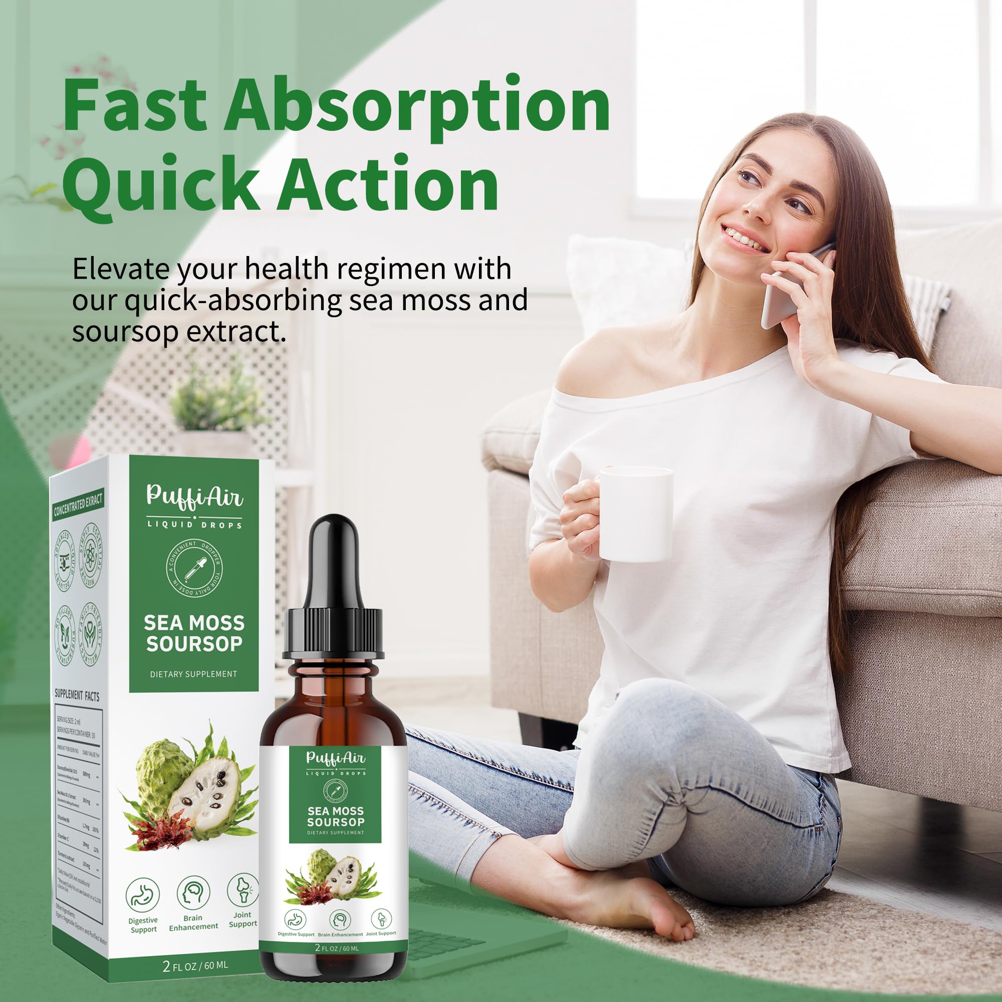 PUFFIAIR Soursop Sea Moss dropper close-up highlights mineral-rich liquid