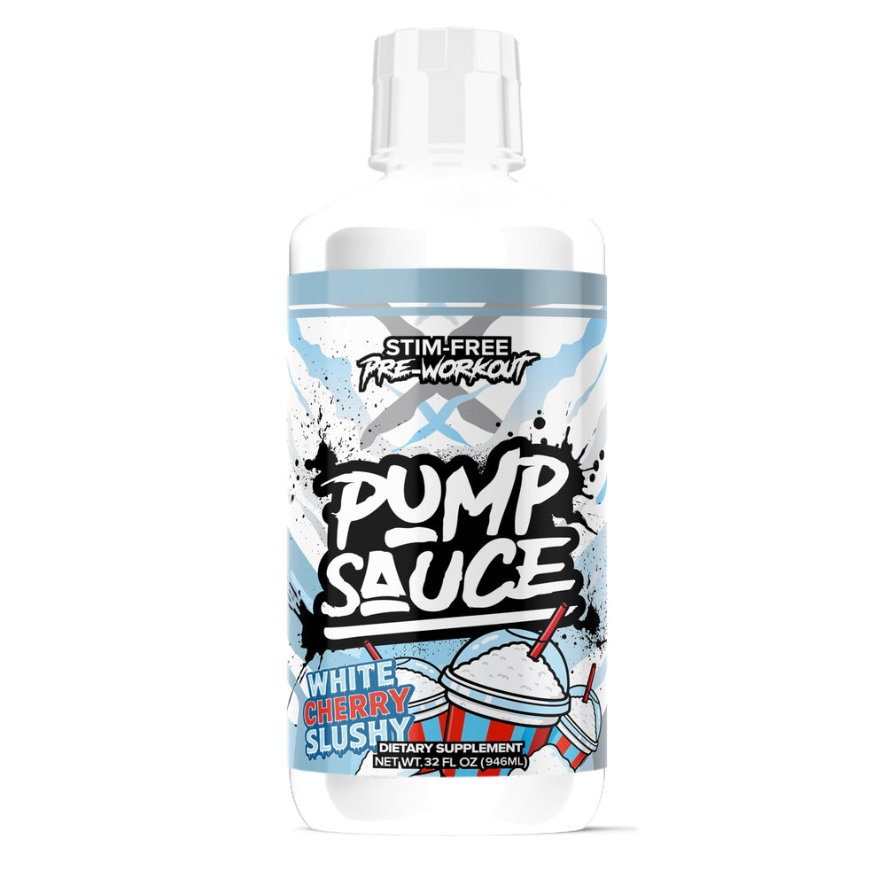 Pump Sauce bottle being poured to showcase White Cherry flavor and stimulant-free benefits.