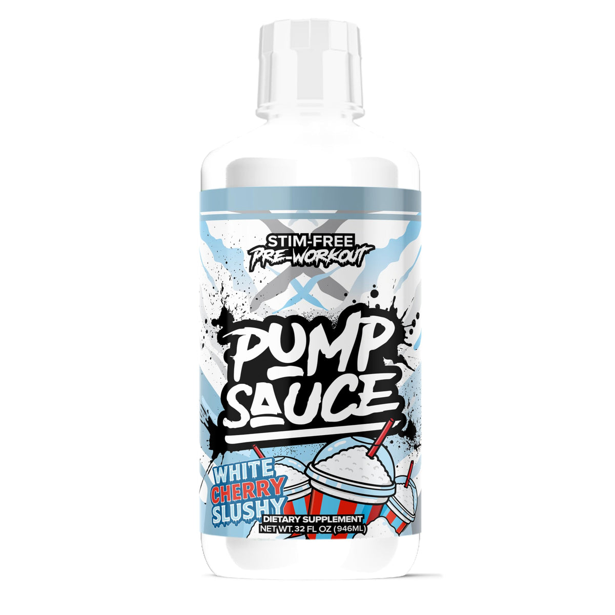 Pump Sauce bottle being poured to showcase White Cherry flavor and stimulant-free benefits.