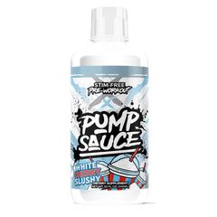 Pump Sauce bottle being poured to showcase White Cherry flavor and stimulant-free benefits.