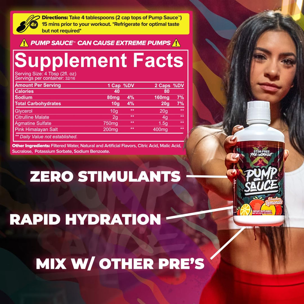 Pump Sauce glass bottle on gym counter signals ready-to-use pre-workout support.