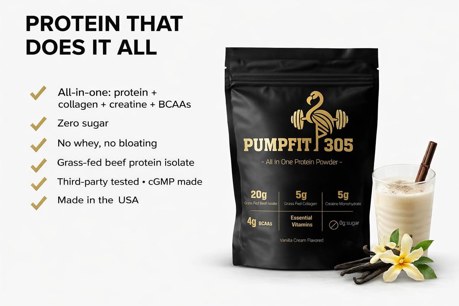 PUMPFIT305 vanilla bottle close-up highlighting flavor and label nutrition