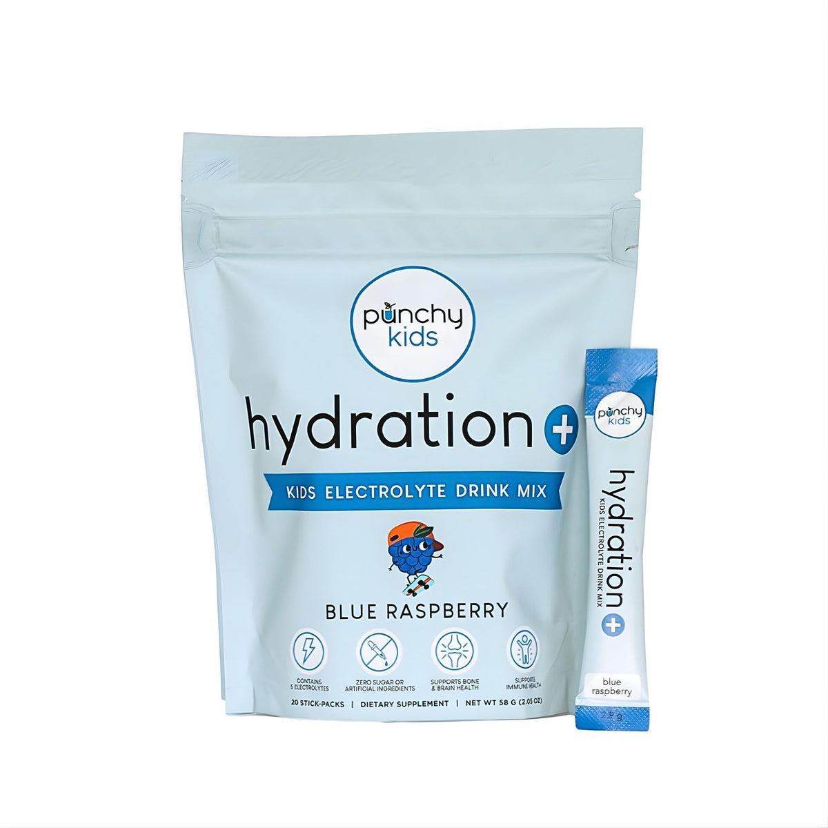 Punchy Kids Hydration Blue Raspberry stick dissolving in water for on-the-go refreshment.