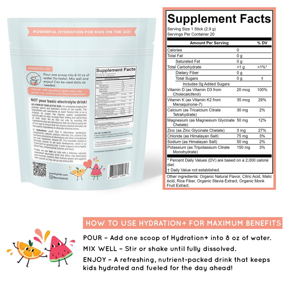 Punchy Kids Hydration with vitamin D and zinc supports immune-friendly nutrients.