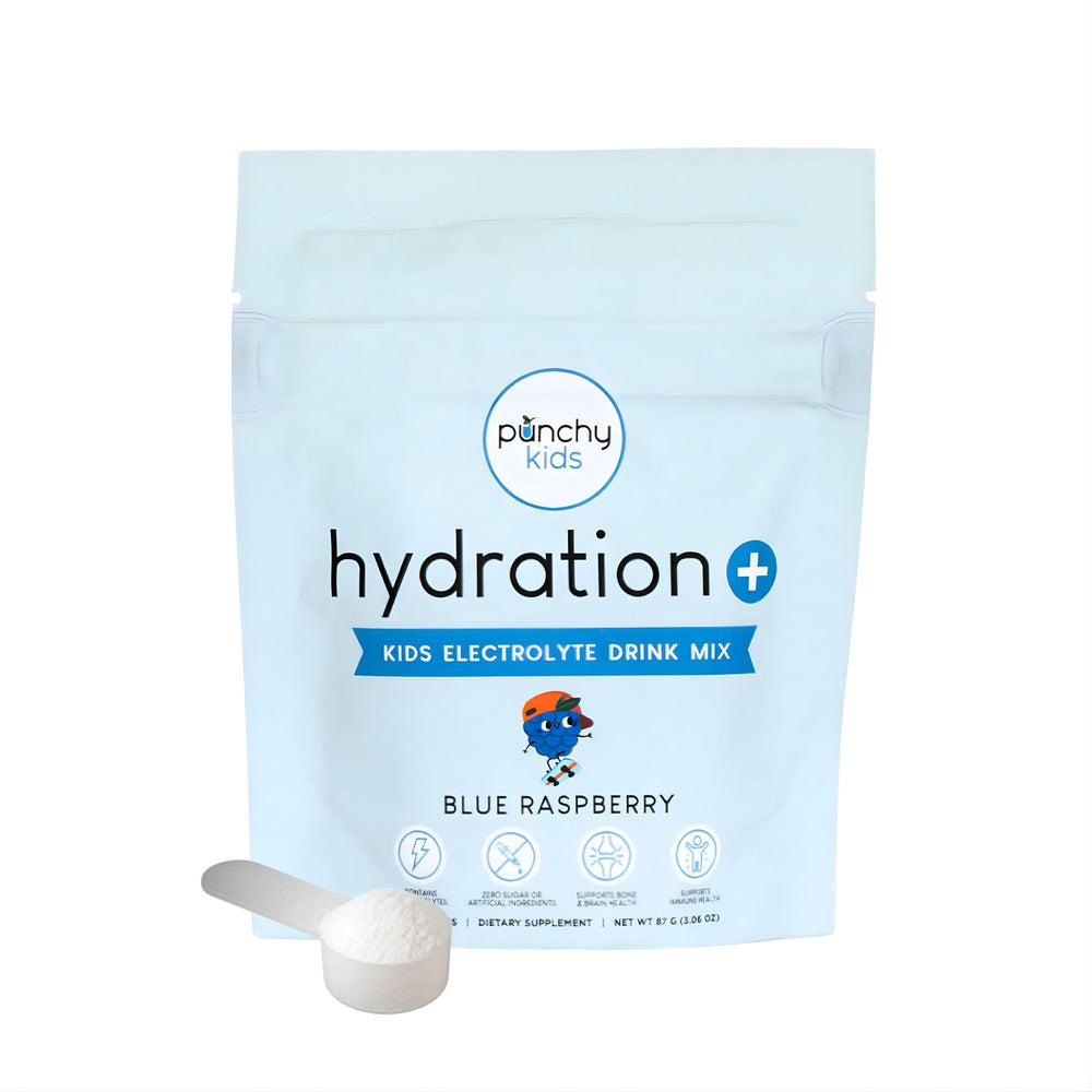 Punchy Kids Hydration+ blue raspberry powder dissolves in water for quick refreshment.