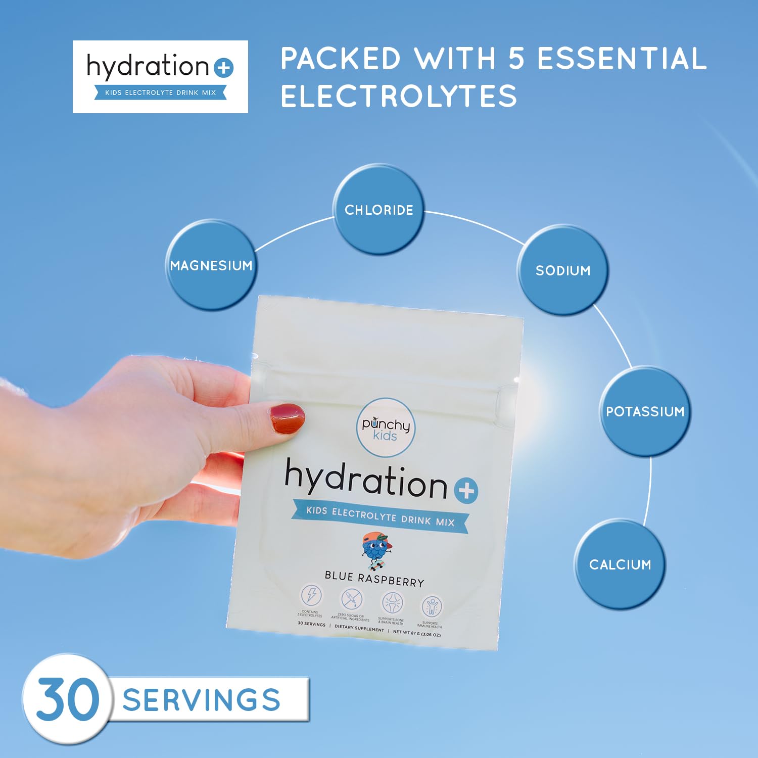 Punchy Kids Hydration+ powder dissolving quickly in water for on-the-go hydration.