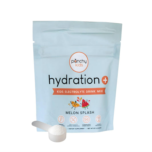 Punchy Kids Hydration+ Melon Splash tub front for easy on-the-go hydration.