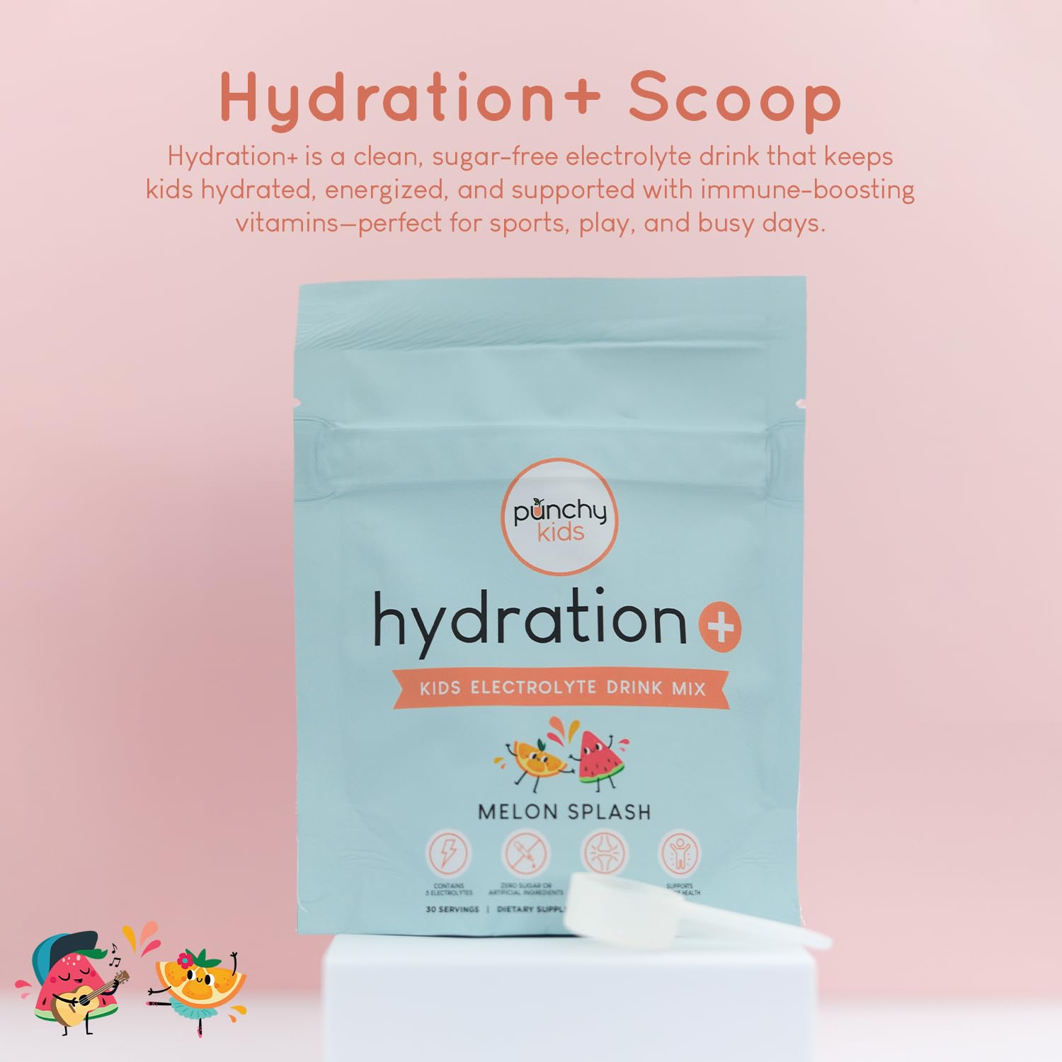 Punchy Kids Hydration+ Melon Splash powder being scooped into water for quick mixing.