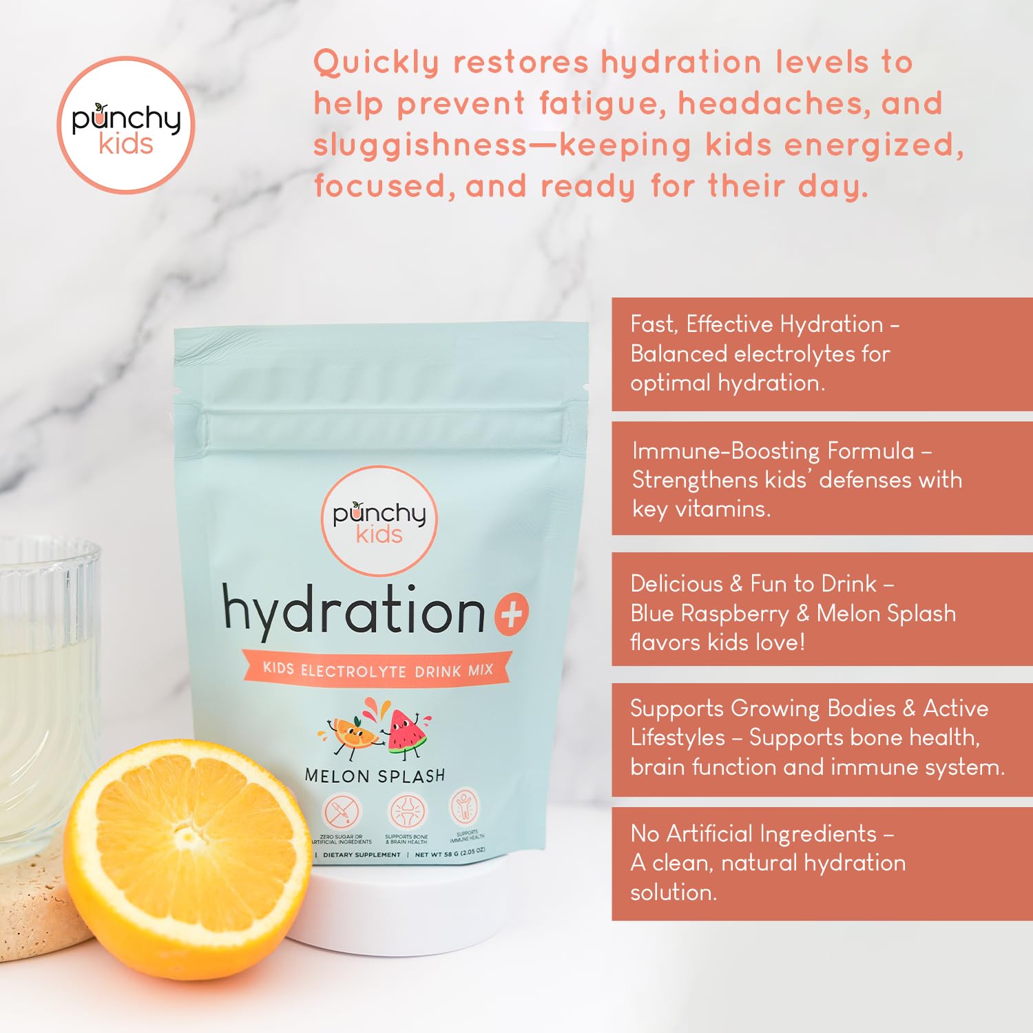 Stirring Hydration+ Melon Splash to dissolve quickly in a glass for kids.