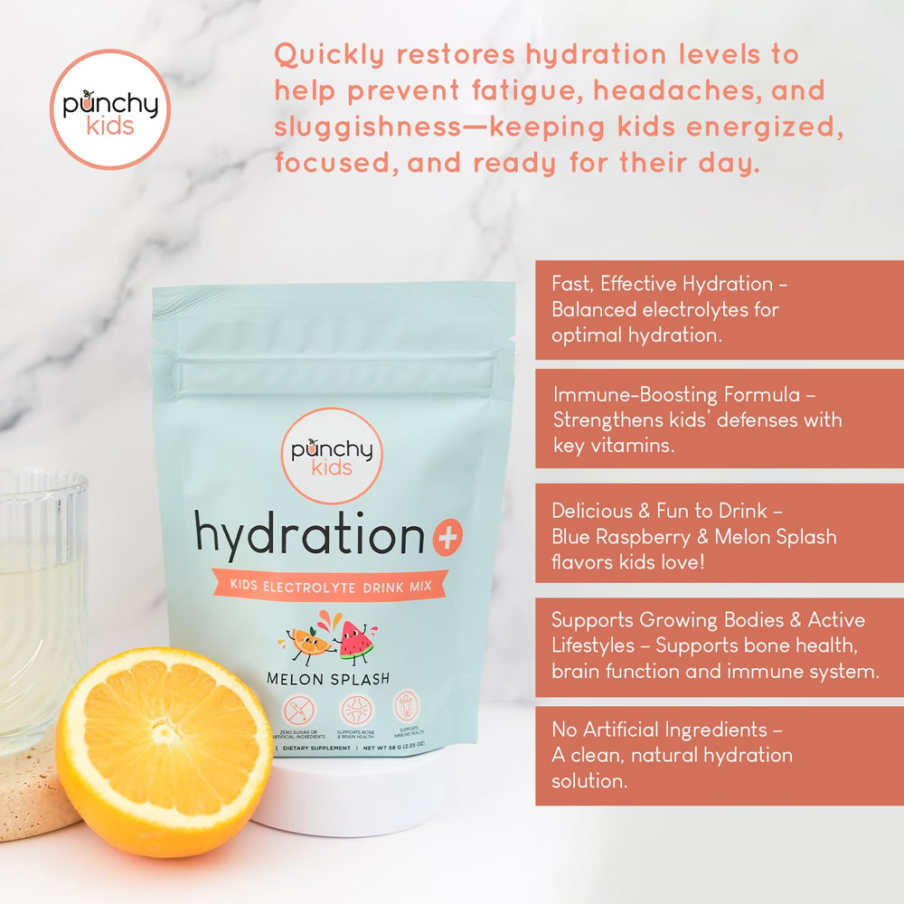 Stirring Hydration+ Melon Splash to dissolve quickly in a glass for kids.