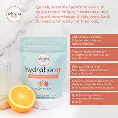 Stirring Hydration+ Melon Splash to dissolve quickly in a glass for kids.