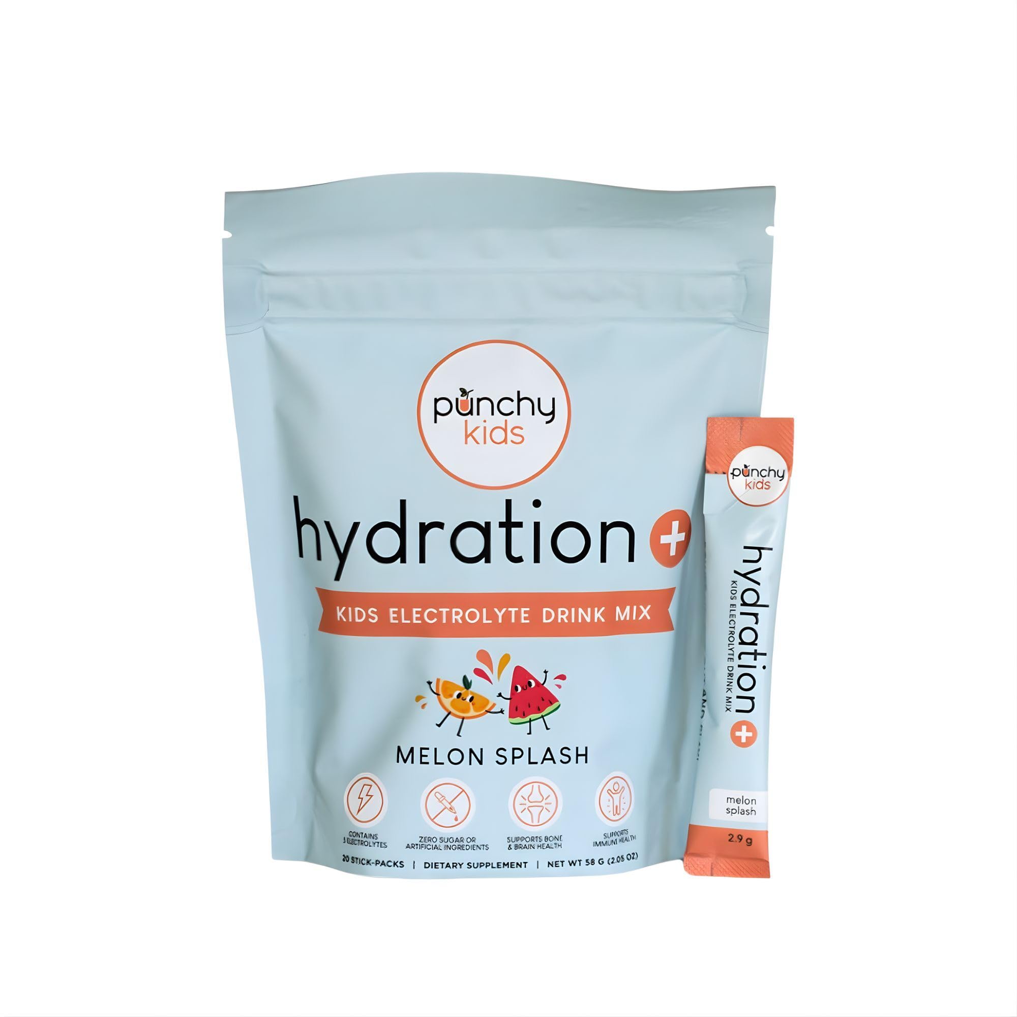 Punchy Kids Hydration Melon Splash stick-pack front view for easy on-the-go hydration.