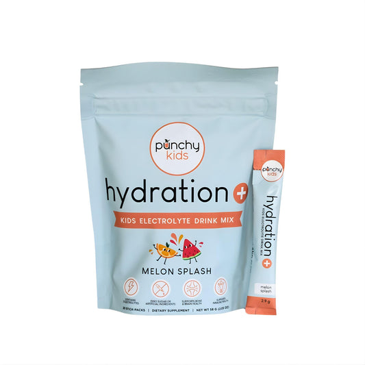 Punchy Kids Hydration Melon Splash stick-pack front view for easy on-the-go hydration.