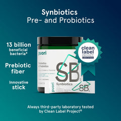 Puori Daily Probiotics bottle back shows label with 13B CFU and 30 servings.