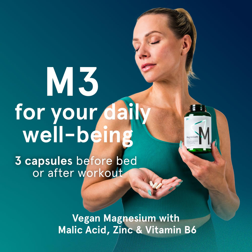 Puori M3 bottle with dosing instructions hinting pre-bed routine.
