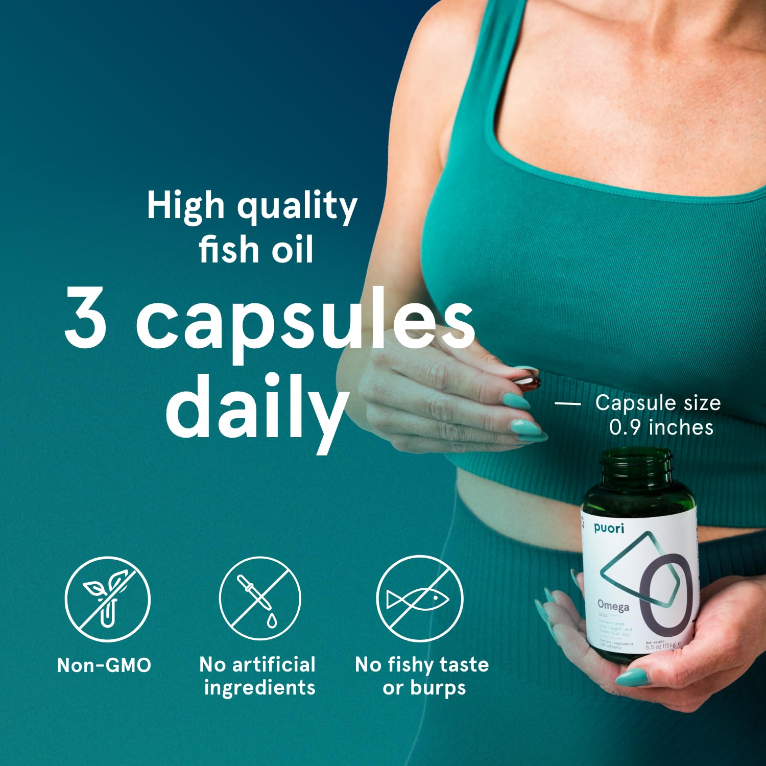 Puori Omega-3 burpless softgels minimize fishy aftertaste.