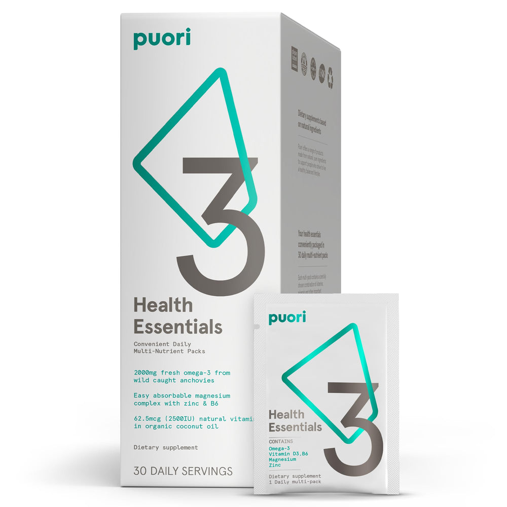 Puori P3 health essentials bottle with on-the-go sachets for easy daily use.