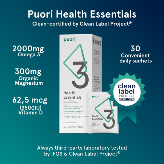 Puori P3 omega-3 fish oil capsules support heart, brain, and eye health.