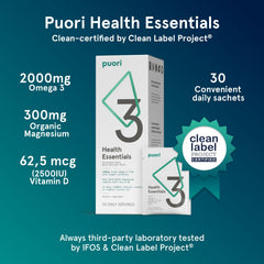 Puori P3 omega-3 fish oil capsules support heart, brain, and eye health.