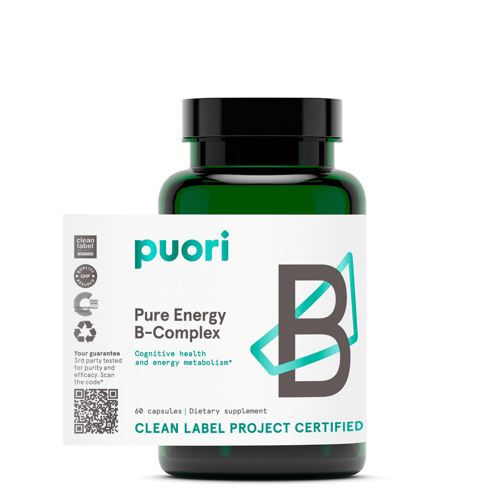 Puori Pure Energy B-Complex bottle front showing eight methylated vitamins for daily vitality.