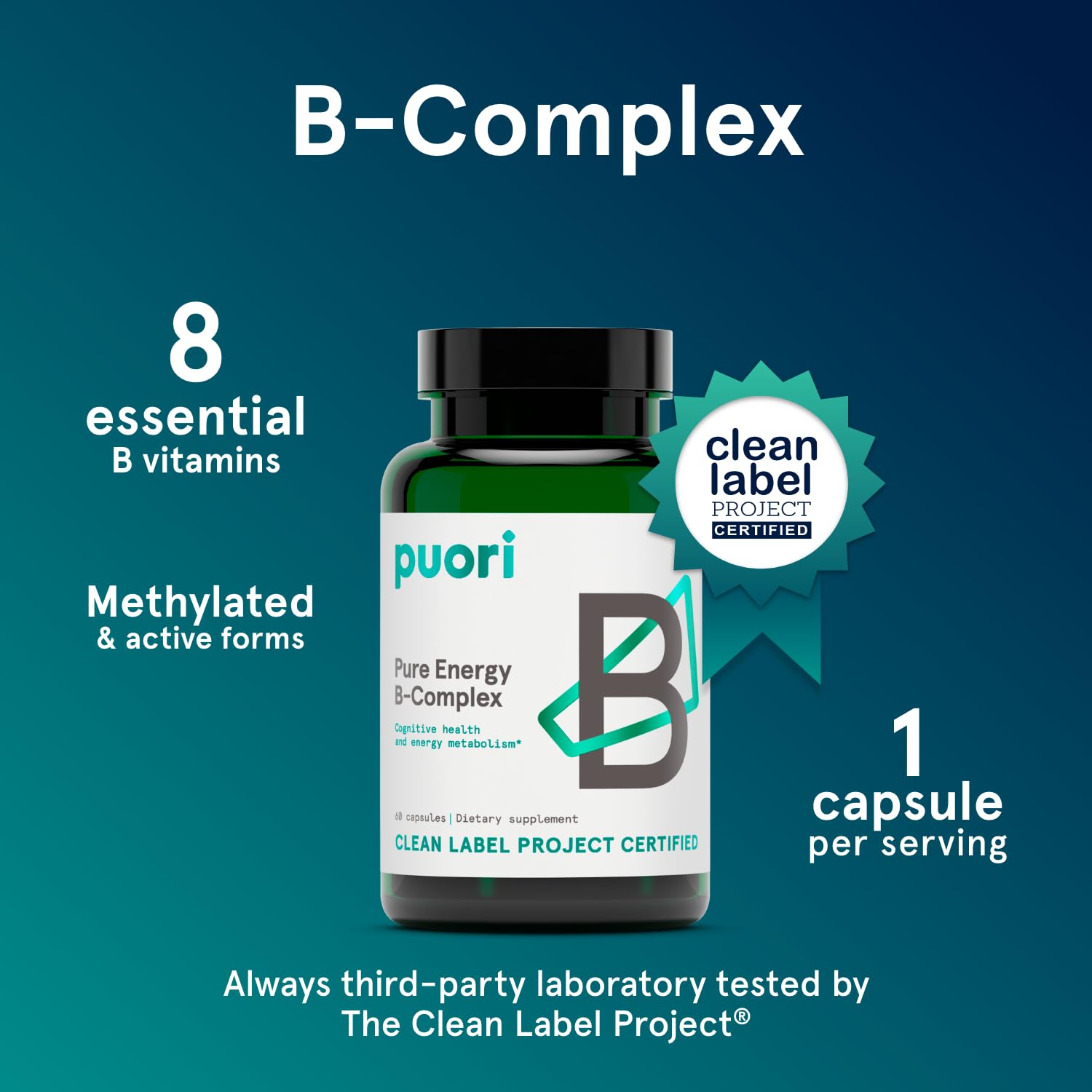 Puori Pure Energy B-Complex capsules close-up highlights quick-absorption B vitamins.