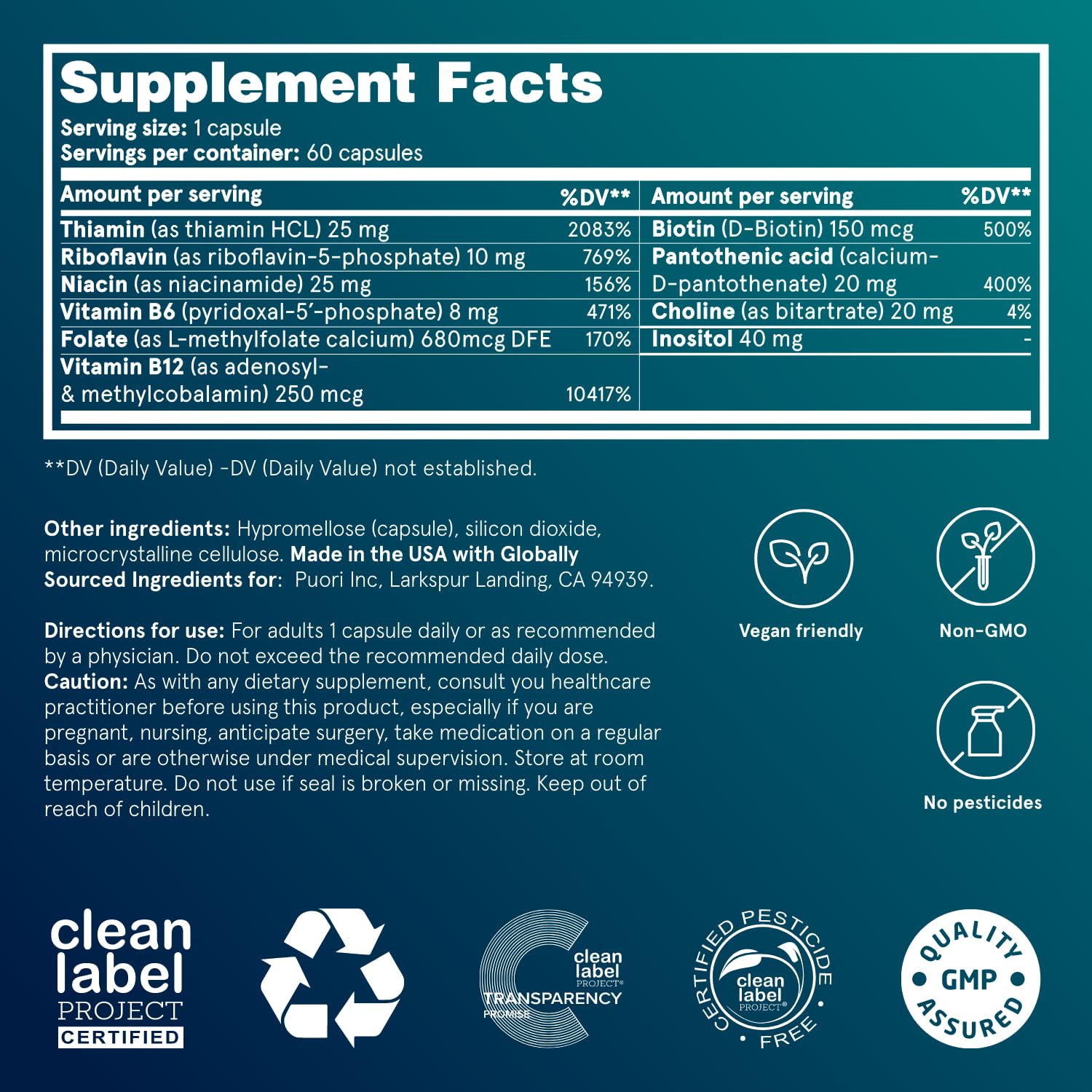 Puori Pure Energy B-Complex label detail emphasizes clean, gluten-free, non-GMO formulation.