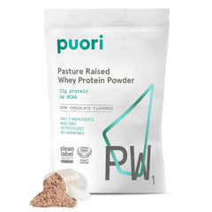 Puori PW1 dark chocolate tub highlighting clean ingredients for daily workouts